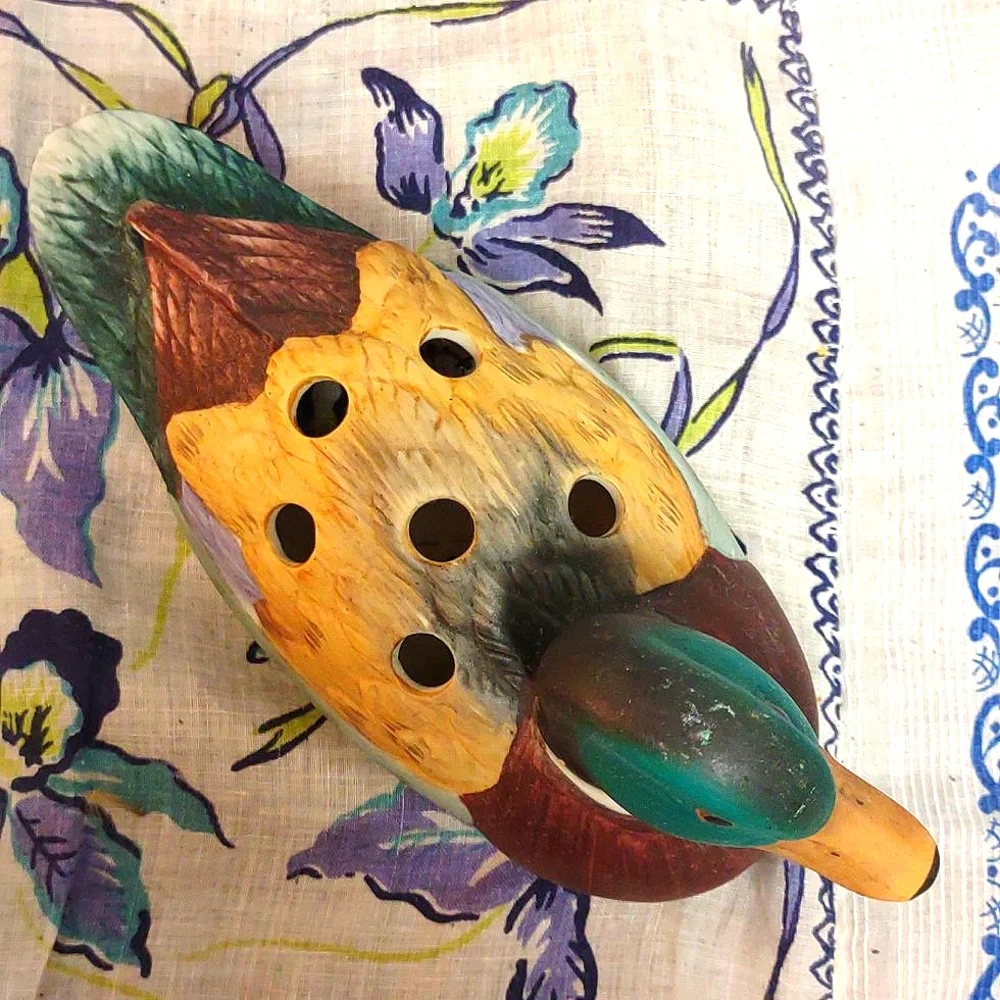 Porcelain Hand Painted Figural Mallard Duck Pencil Holder Vintage